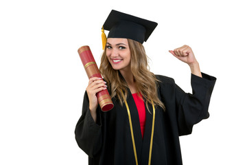 Full isolated studio picture from a young graduation woman