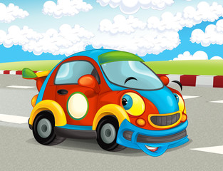 cartoon funny and happy looking racing car on race track - illustration for children