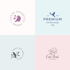 Cute Little Bird Vector Signs or Logo Templates Set. Classy Typography, Birds and Flowers. Premium Quality Feminine Emblems for Beauty Salon, SPA, Wedding Boutiques, etc.