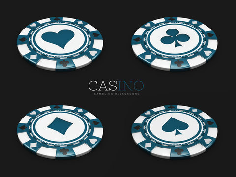 Casino chip with card suits isolated black background. 3d Illustration