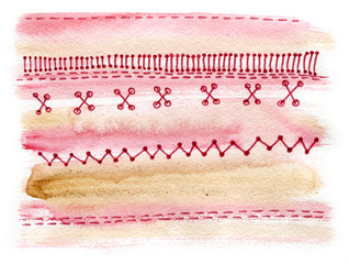 Pink hand painted background in pastel colors. Hand-drawn stitches.