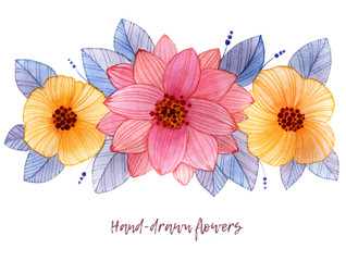 A bouquet with a big pink flower and small yellow flowers in bright colors. Watercolor hand-drawn horizontal composition.