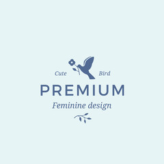 Premium Quality Feminine Abstract Vector Sign, Symbol or Logo Template. Bird holding a Flower Silhouette with Modern Typography. Good for Beauty Salon, SPA, Wedding and Bouquets Boutiques.