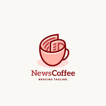 News Coffee Abstract Vector Sign Emblem or Logo Template. Newspaper roll as a Coffee Cup Concept with Modern Typography.