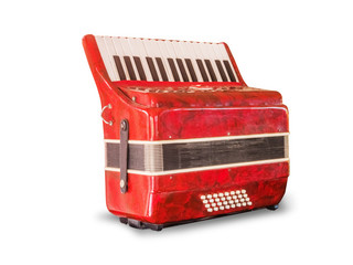 vintage red accordion,isolated on white background with clipping path