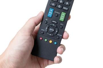 TV remote control, the hand with a remote control isolated