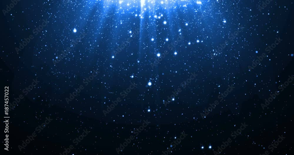 Poster blue glitter particles background with shining neon stars falling down and light flare or glare over