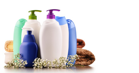 Plastic bottles of body care and beauty products