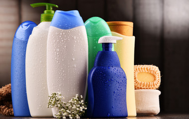 Plastic bottles of body care and beauty products