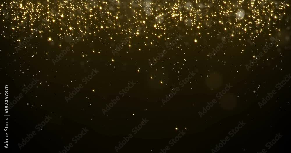 Poster abstract gold particles glitter light falling bokeh glare effect. shimmering texture of glittering g