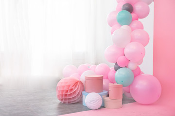 Pink balloons and boxes decoration