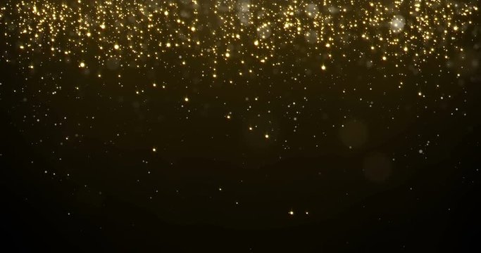 Abstract gold particles glitter light falling bokeh glare effect. Shimmering texture of glittering golden light rain glow for luxury premium award or Christmas background template for holiday design