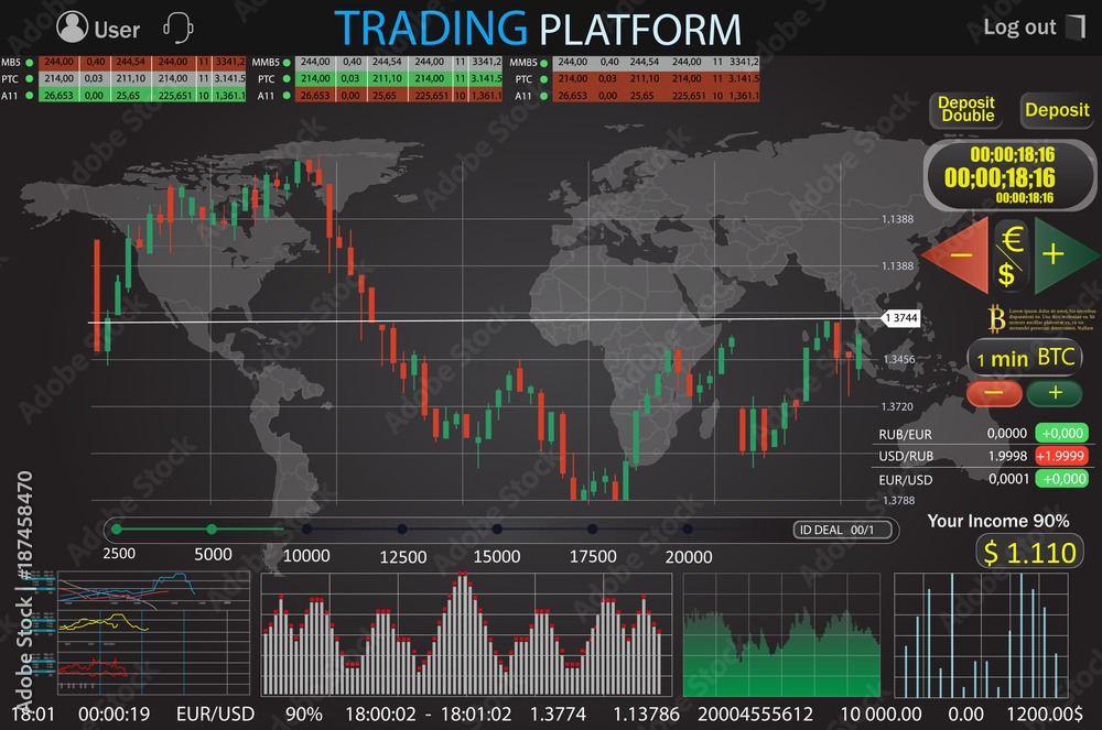 Poster trade market binary option world . set web flat infographic elements, map, diagrams. abstract virtua