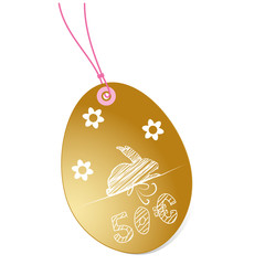 Ostern Gutschein 50€ - goldener eiförmiger Anhänger mit schraffiertem Osterhasen, Blumen und rosa Band