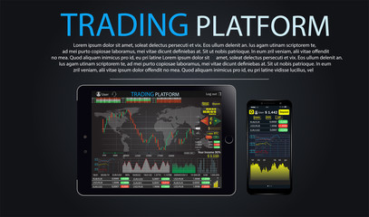 Trade market. Binary option. Set web flat Infographic elements, map, diagram, hand with phone tablet laptop. HUD UI for business app for phone and tablet. Futuristic user interface