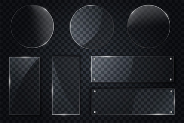 set of transparent glass on sample background. Glass framework set. Glass square, rectangular and round buttons on checkered background. EPS10