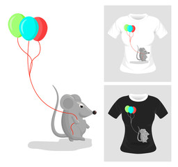 T-shirt graphic design. Rat with balloon vector illustration.