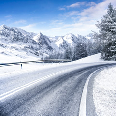 winter road and snow with frost 