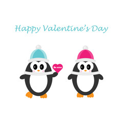 Cute couple of penguins fallen in love, happy valentine's day, holding a heart, flat design for invitation card, vector illustration in cartoon style
