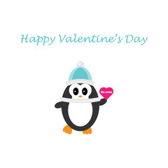 Cute penguin holding a heart, happy valentine's day, be mine, flat design for invitation card, vector illustration in cartoon style