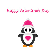Cute penguin with heart, happy valentine's day, flat design for invitation card, vector illustration in cartoon style