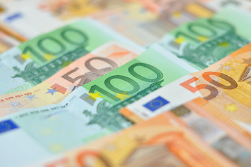 Pile of paper euro banknotes. Euro money banknote, business and finance concept