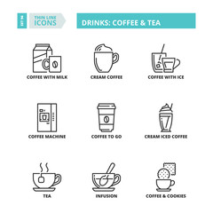 Thin line icons. Drinks: coffee and tea