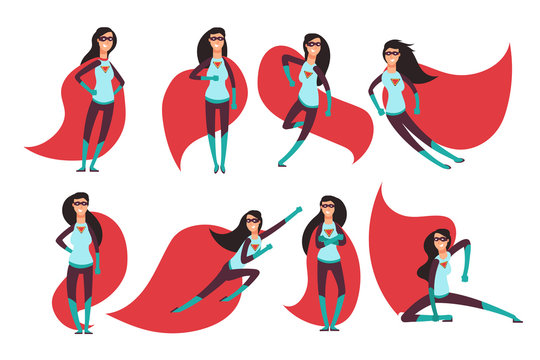 Comic superwoman actions in different poses. Female superhero vector cartoon characters