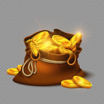 Cartoon Big Old Bag With Gold Coins Isolated On Transparent Background