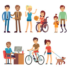 Disabled young woman and man in in day routine activities vector cartoon characters set