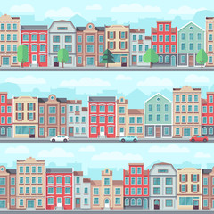 Cartoon seamless street with old apartment buildings, trees and cars vector set
