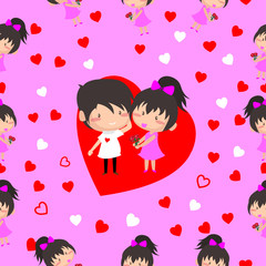 Boy and Girl love Hearts seamless pattern background, ideal for celebrations, wedding invitation, and valentine's day festival .Vector illustration.Cartoon style.