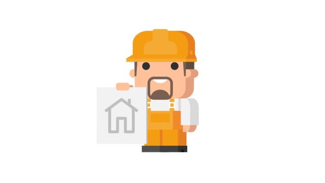 Builder holds sign and smiles funny character