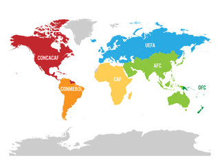 Map of world football, or soccer, confederations - CONMEBOL, CONCACAF, CAF, UEFA AFC and OFC