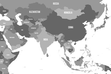 Political map of western, southern and eastern Asia in shades of grey. Modern style simple flat vector illustration.