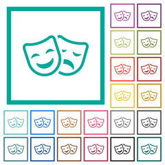 Comedy and tragedy theatrical masks flat color icons with quadrant frames
