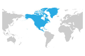 North America continent blue marked in grey silhouette of America centered World map. Simple flat vector illustration.