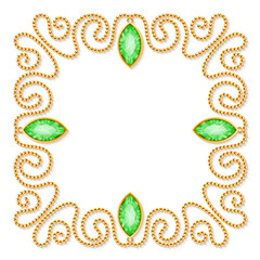 Decorative frame with golden chains and gemstones. Luxury invitation or greeting card template. Vector Illustration.