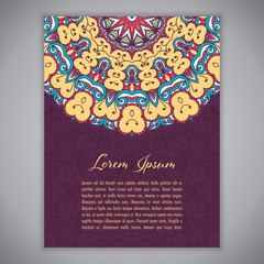 Greeting card, invitation or flyer template with ethnic mandala ornament. Hand drawn vector illustration