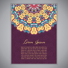 Greeting card, invitation or flyer template with ethnic mandala ornament. Hand drawn vector illustration