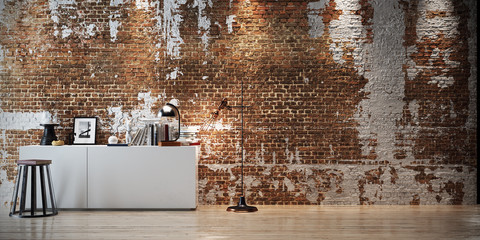 shelf on old vintage brick wall - Sideboard vor alter Backstein Ziegel Wandstein Ziegel Wand