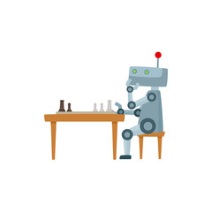 Funny flat humanoid robot sitting at stool playing chess. Male thoughtful character with gears, antenna at head. Modern technology, artificial intelligence concept. Isolated vector illustration