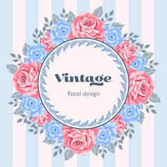 Greeting card or invitation template with roses. Vector Illustration in retro style.