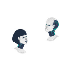 vector cartoon female and male cyborg heads icon. Man and woman with modern technology digital mechanical brain, artificial intelligence. Isolated illustration on a white background.