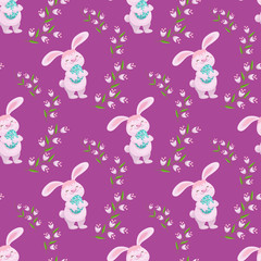 Easter seamless banner with cute fluffy bunny, rabbit, decorated eggs and spring flowers, cartoon vector illustration on pink background. Easter bunny, eggs and flowers seamless pattern