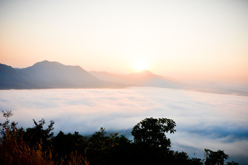 Early morning foggy sunrise on top of mountain soft focus.