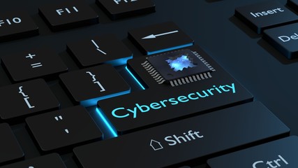 Cracked open CPU on the enter key of a black keyboard with the word cybersecurity