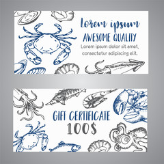 Seafood banner vector template set. Hand drawn vector illustrations. Gift certificate. Sketch of crab, lobster, shrimp, oyster, mussel