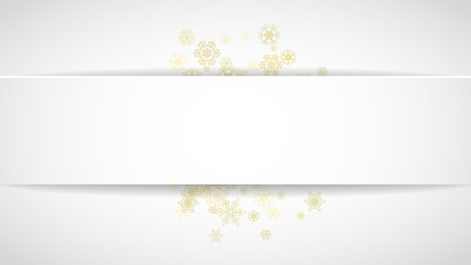Gold snowflakes frame on white background. New year theme. Horizontal paper Christmas frame for holiday banner, card, sale, special offer. Falling snow with gold snowflake and glitter for party invite