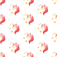 Unicorn with closed eyes. Pink mane. Seamless vector illustration.